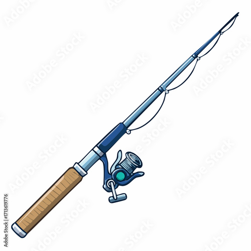 Modern vector illustration of a fishing rod with reel, isolated, viewed from the side