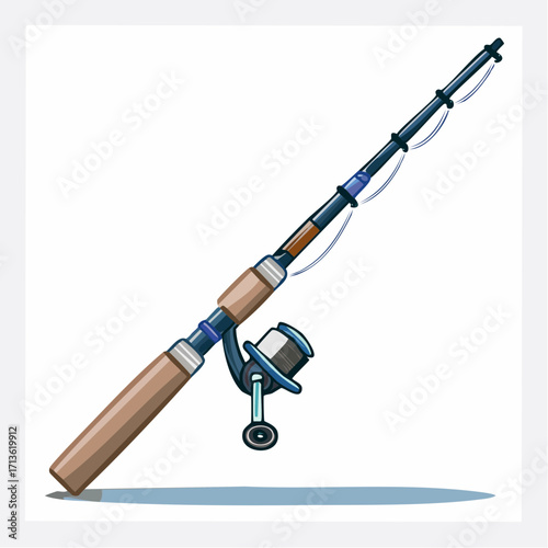 Fishing rod with reel illustration, isolated on a clean background, viewed from the side.
