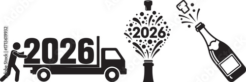 2026 Champagne Toast and New Year's Celebration Icon

Popping Champagne Bottle with 2026 Bubbles Vector

Black and White New Year's Party with Drinks Clipart