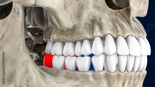 Skull side view showing teeth, some are colored red