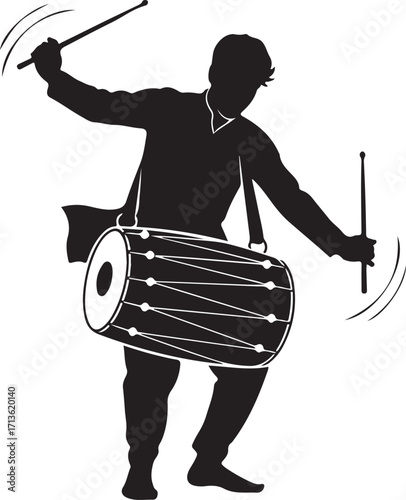 Dholak Player Silhouette Vector Illustration

Traditional Indian Dholak Drum and Drumsticks Icon

Bhangra Dance Dholak Performer Clipart

Black and White Dholak Musical Instrument Design