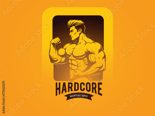 Retro fitness graphic of muscular man flexing biceps with 'hardcore' text label