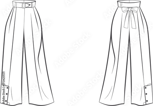 Women’s wide leg pants vector template with belt and bow, fashion flat sketch, high waist trouser clothing design illustration