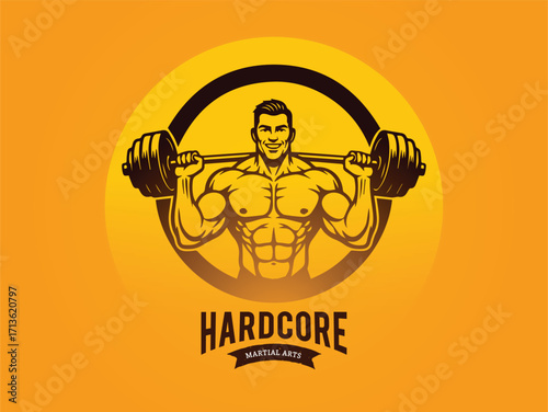 Bodybuilder training with dumbbell weights Muscular man bodybuilder silhouette with hardcore text symbol in golden yellow gradient