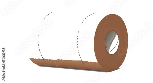 Roll of brown paper with a glossy finish and dotted lines on a white background for packaging or crafting projects is visually appealing