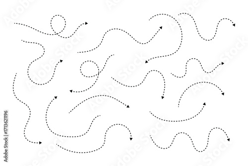 Squiggle line dashed arrow. Dash curved vector editable stroke arrow. Isolated on white background. Vector illustration