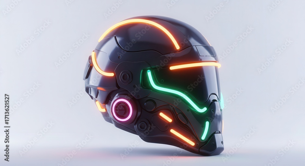 Fototapeta premium A futuristic, dark gray helmet, highlighted by vibrant neon orange and teal accents, sits prominently against a simple white backdrop.