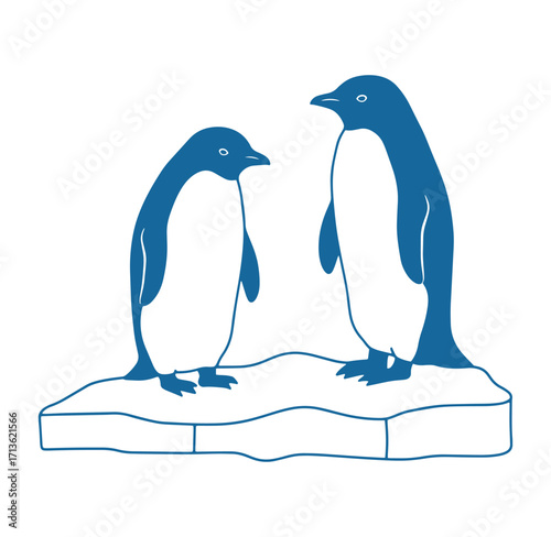 Simple illustration of two penguins standing together on an ice floe against a white background.