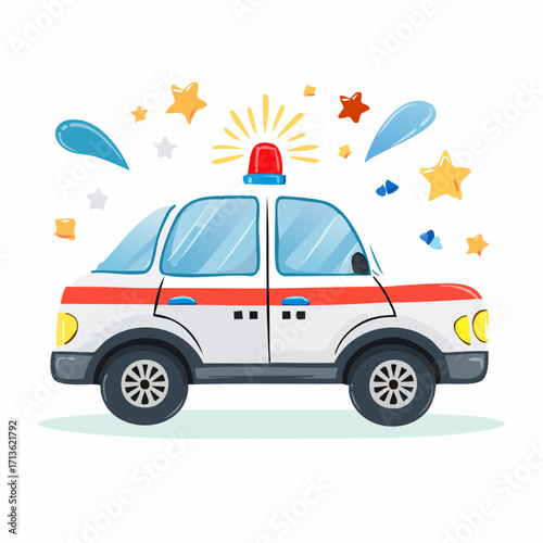 Child-friendly cartoon police car with flashing lights, isolated, viewed from the side