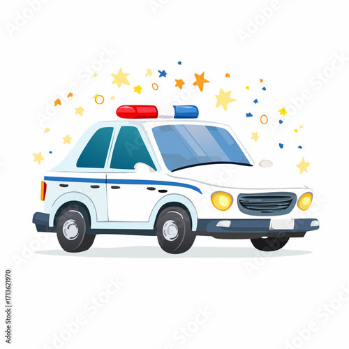 Child-friendly cartoon police car illustration with flashing lights, surrounded by stars, isolated
