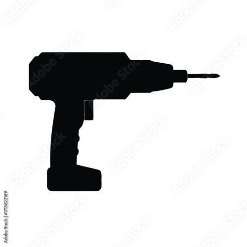 Minimalist black silhouette of a drill on white background