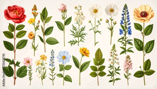 Collection of Vintage Botanical Flower Illustrations on a Light Background.