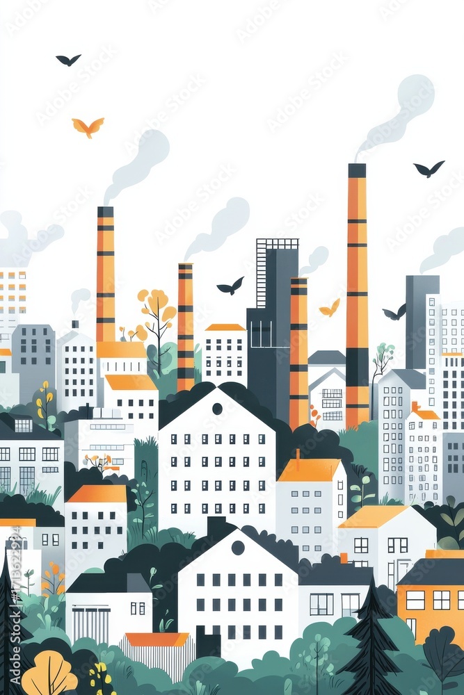 Obraz premium Urban cityscape with industrial chimneys and birds illustration
