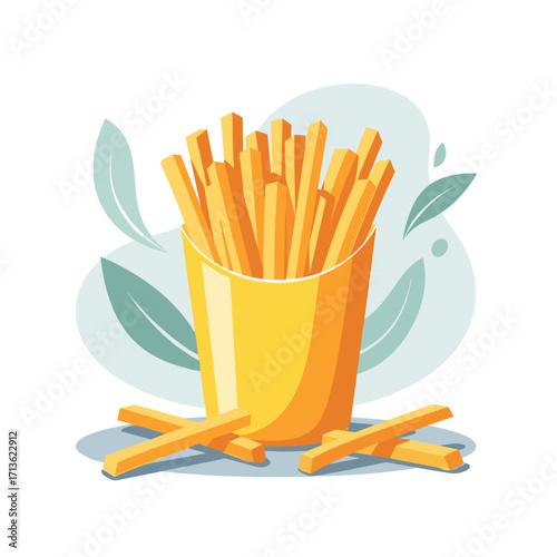Crispy golden french fries in a yellow container with scattered fries around a minimalist background.