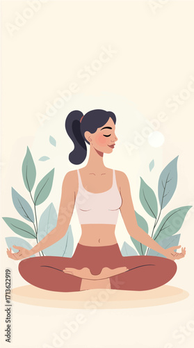 Peaceful woman in the lotus position on the beach at sunset with a serene expression