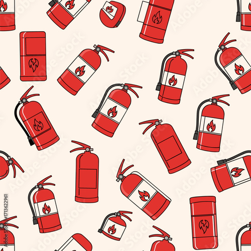 A collection of red fire extinguishers scattered across a cream background.