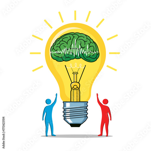 Two people reach up towards a bright idea light bulb with a brain inside representing innovation and creativity.