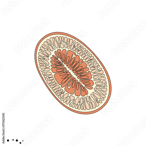 Close up view of a fresh pink grapefruit cut in half with juicy pulp and segments visible on a white background.