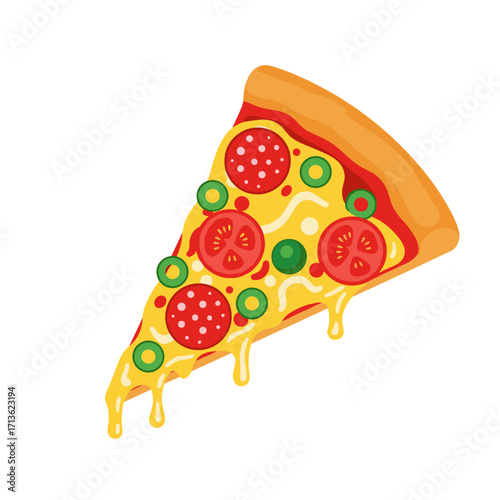 A delicious slice of pizza topped with pepperoni tomatoes and jalapeños dripping with cheese.