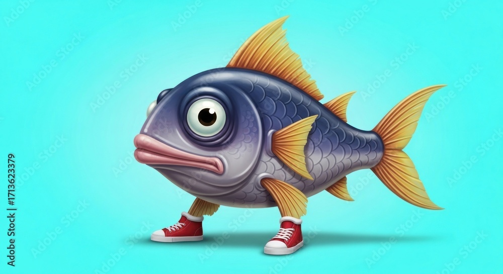 Naklejka premium A cartoon chractor of a fish that floating in soft water 