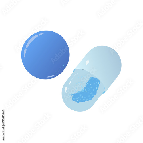 Blue pill and open capsule with granules isolated on transparent background