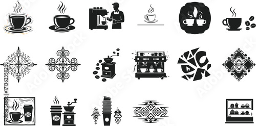 Black and white coffee culture vector icons set with cups, beans, grinders, barista, brewing equipment, decorative patterns, and takeaway designs