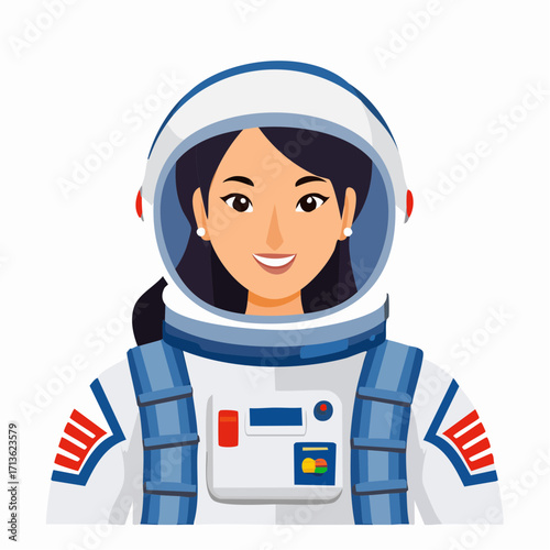 Astronaut woman wearing spacesuit smiling in helmet and exploring galaxy