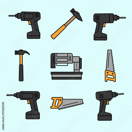 A collection of common power and hand tools used for construction and repair tasks.