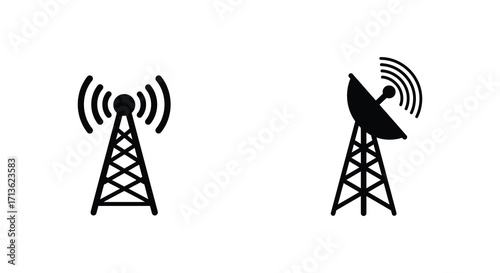 Black and white illustration of two communication towers with antennas