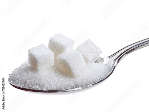 A spoonful of sugar cubes isolated on a white background