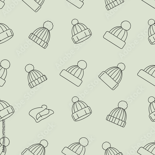 A repeating pattern of outlined winter beanies and mittens on a light green background.