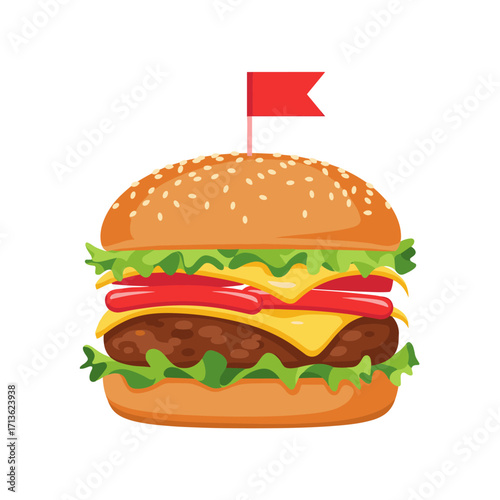 A delicious juicy burger with fresh lettuce tomato cheese and a red flag on top.