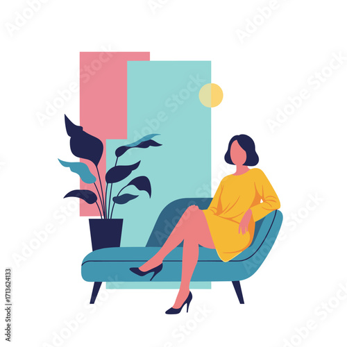 A woman in a yellow dress sits elegantly on a teal chaise lounge in a minimalist room with colorful geometric shapes and a potted plant.