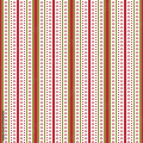 Stripe pattern background of gift box, dots and vertical line in red and green for Christmas theme. Birthday pattern seamless. Geometric, bold, holidays, cute for card, textile, print, wrapping paper.
