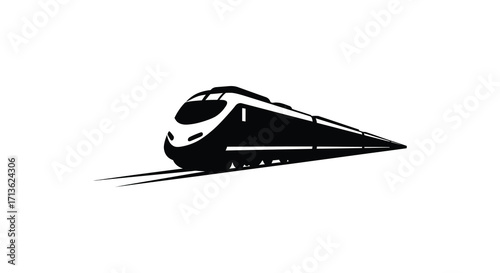 Sleek black high speed train illustration moving quickly on white background
