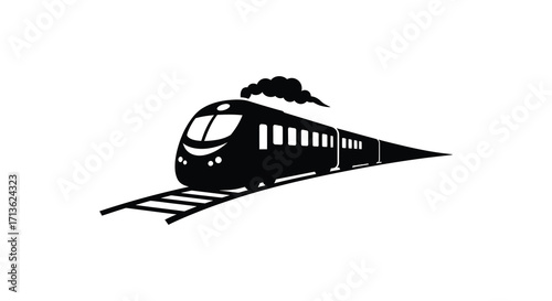 Simple black and white illustration of a speeding steam train on tracks