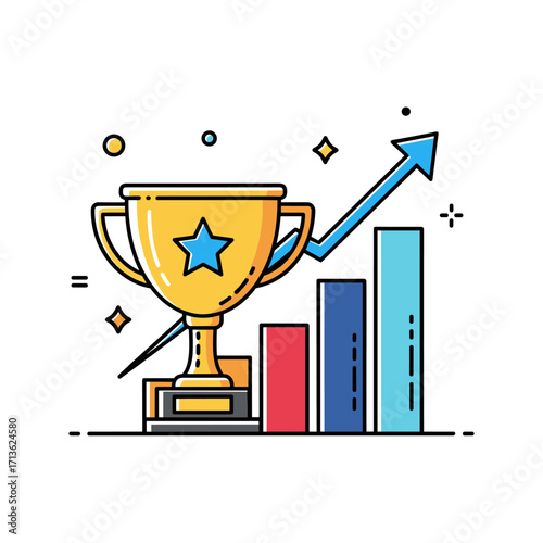 A trophy sits atop a bar chart with an upward trending arrow illustrating business growth success and achievement.