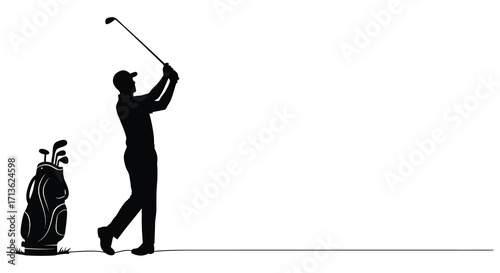 Silhouette of a golfer swinging a club with golf bag nearby