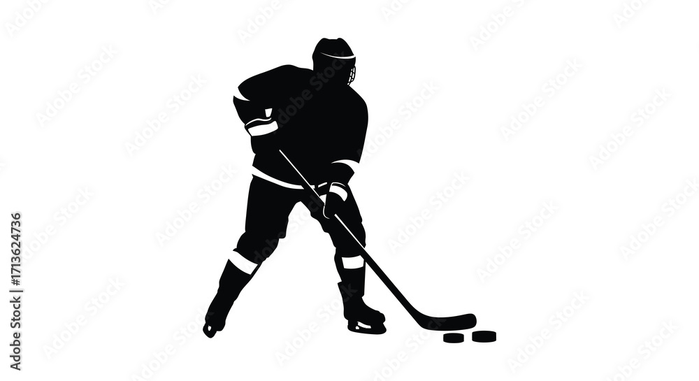 Fototapeta premium Silhouette of a hockey player with stick and puck on ice