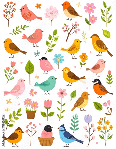 Cute birds and flowers on white background
