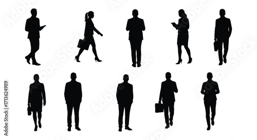 Diverse group of people silhouettes walking and standing in business attire