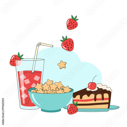 A delicious breakfast with strawberries and cake.