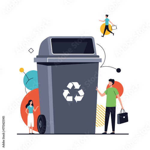 Recycling bin in use with people interacting around it for waste management and environmental sustainability efforts.