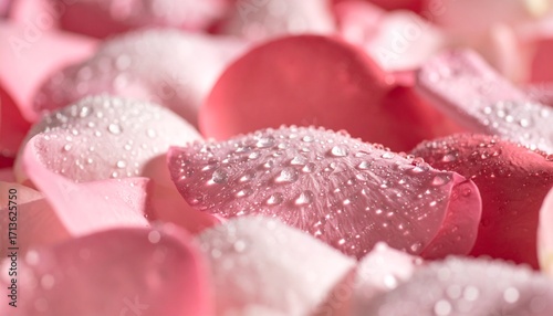 Romantic background of soft pink and white rose petals covered in morning dew.