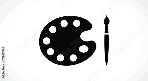Simple black and white illustration of a painter s palette and brush