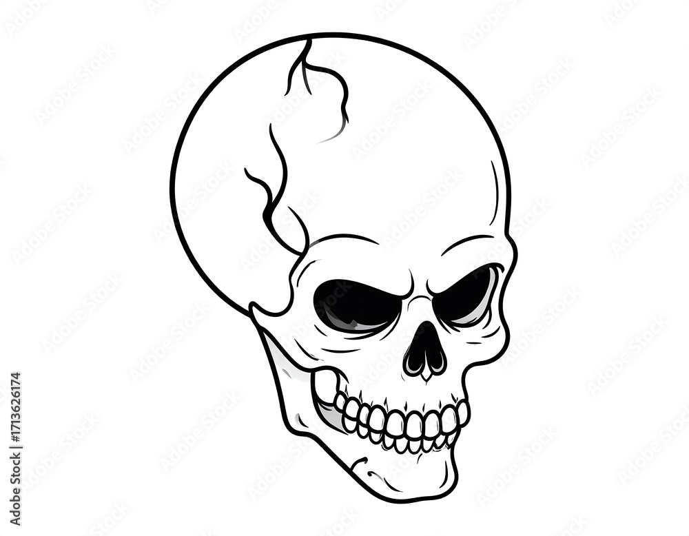 Obraz premium A stylized, detailed depiction of a skull, presented in black and white, conveying a sense of intensity and intrigue.