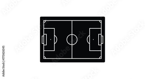 Overhead view of a soccer field with white lines on black background