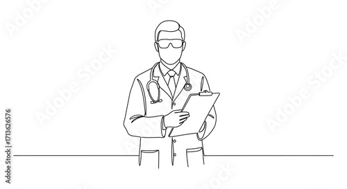 Line art drawing of a doctor with protective eyewear and a clipboard