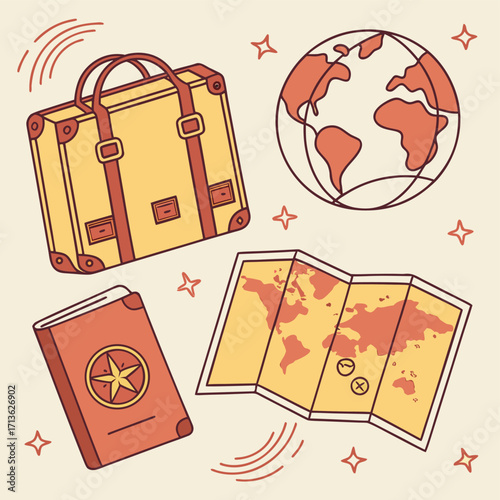 Travel Icon Illustration Suitcase, Globe, Passport, and World Map