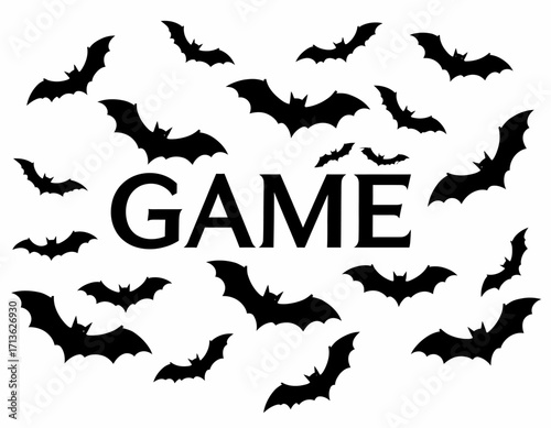 The word "GAME" is surrounded by silhouetted bats isolated on transparent background.
